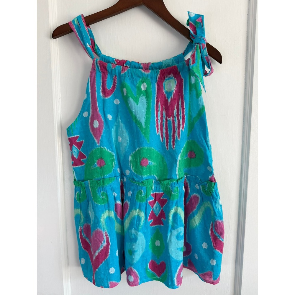 Crown & Ivy Top Womens XL Blue Ikat Swiss Dot Peplum Tie Shoulder Sleeveless